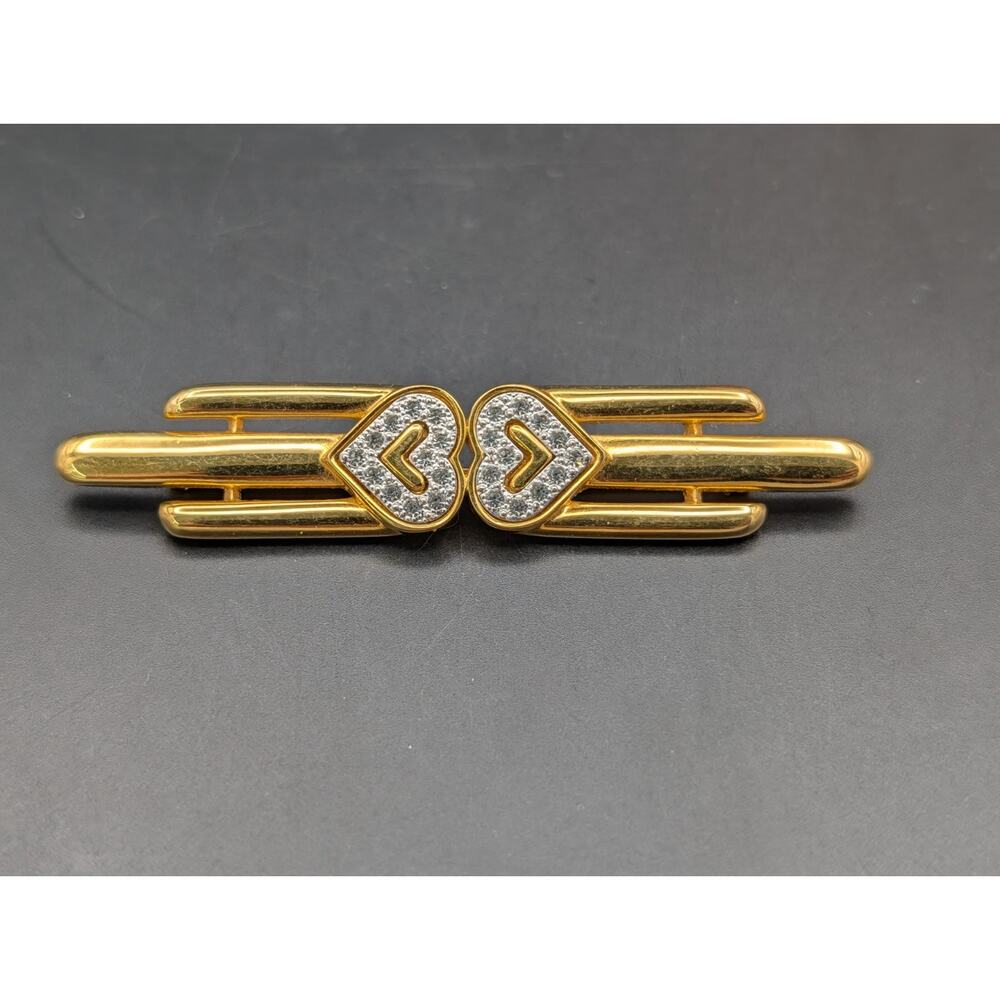 Vintage Monet Gold Tone Bar Brooch, Clear Rhinestone Double Heart 3" Pin